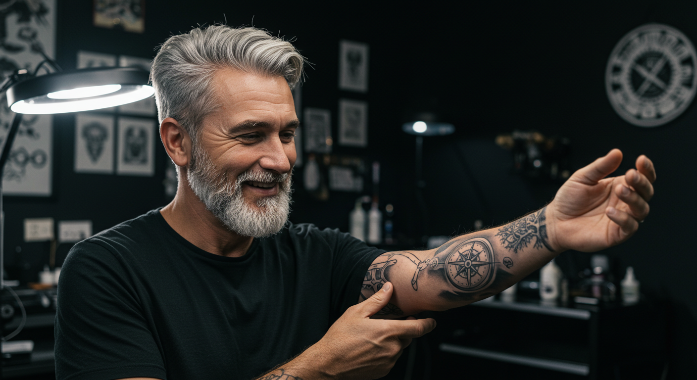 Homem sorrindo e olhando com orgulho para sua primeira tatuagem depois dos 40, um desenho de bússola no antebraço.