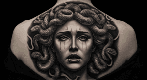 Tatuagem realista da Medusa nas costas de uma mulher, com expressão forte, simbolizando o significado de superação e poder feminino.