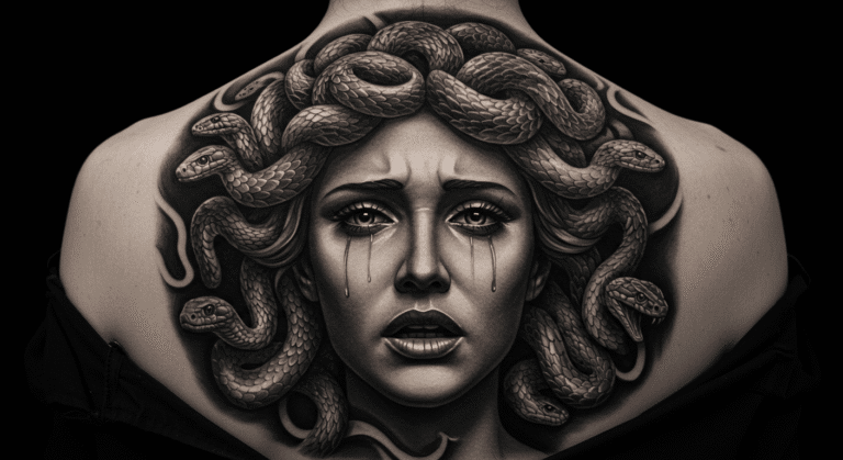 Tatuagem realista da Medusa nas costas de uma mulher, com expressão forte, simbolizando o significado de superação e poder feminino.