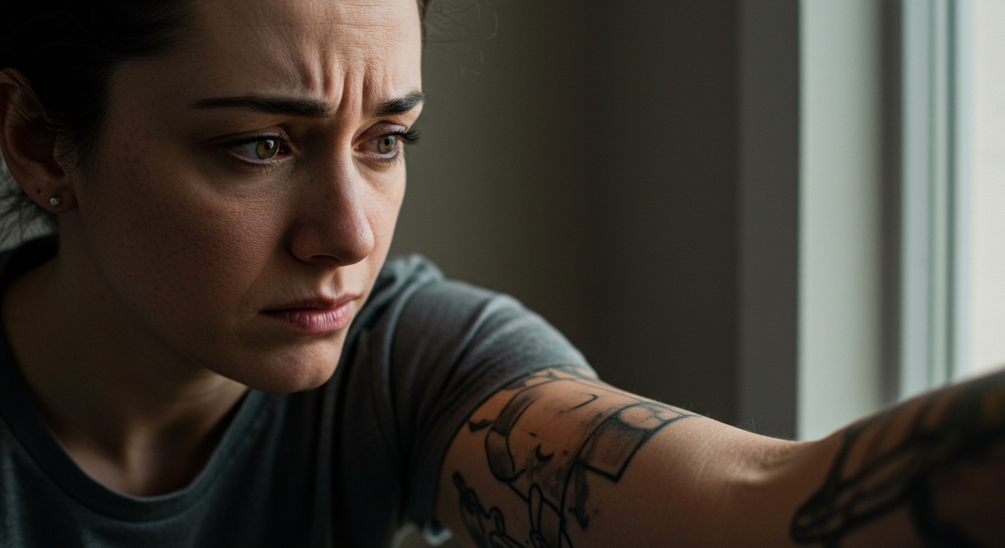 Pessoa olhando com frustração para uma tatuagem que cicatrizou mal, com falhas de cor e traço estourado no antebraço.