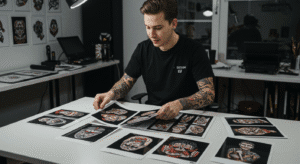 Tatuador iniciante organizando as fotos de seus melhores trabalhos para montar um portfólio de tatuagem profissional.
