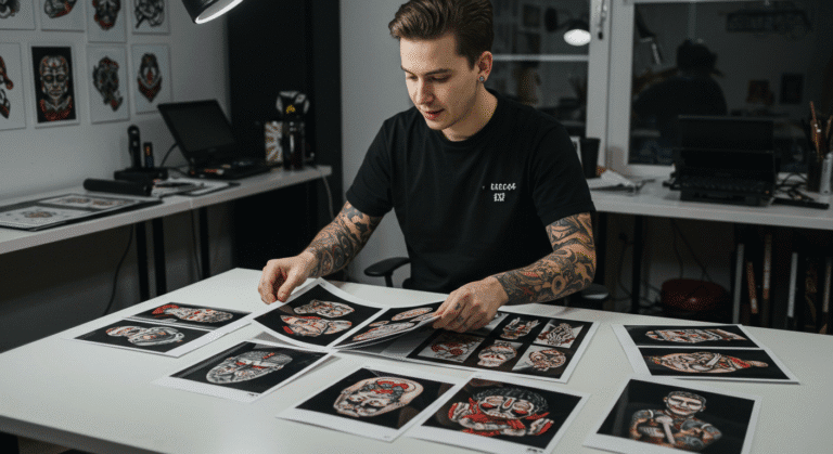 Tatuador iniciante organizando as fotos de seus melhores trabalhos para montar um portfólio de tatuagem profissional.