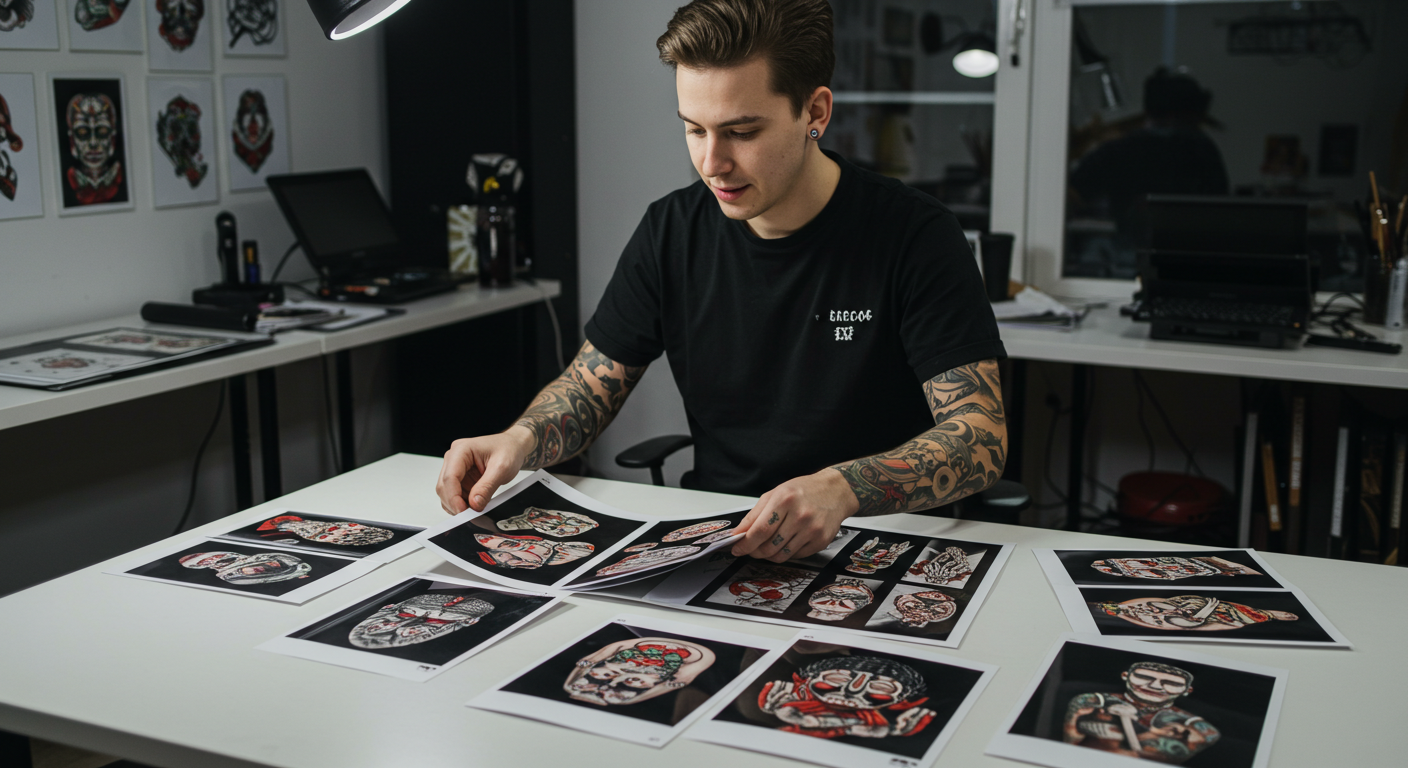 Tatuador iniciante organizando as fotos de seus melhores trabalhos para montar um portfólio de tatuagem profissional.