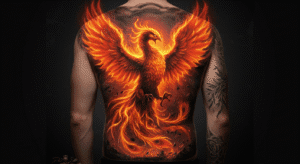 Tatuagem de fênix colorida e realista nas costas, com asas abertas, representando o significado de renascimento e superação.