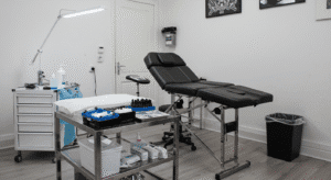 Home studio de tatuagem profissional e organizado, seguindo as regras da ANVISA, com maca, bancada de aço e pia exclusiva.