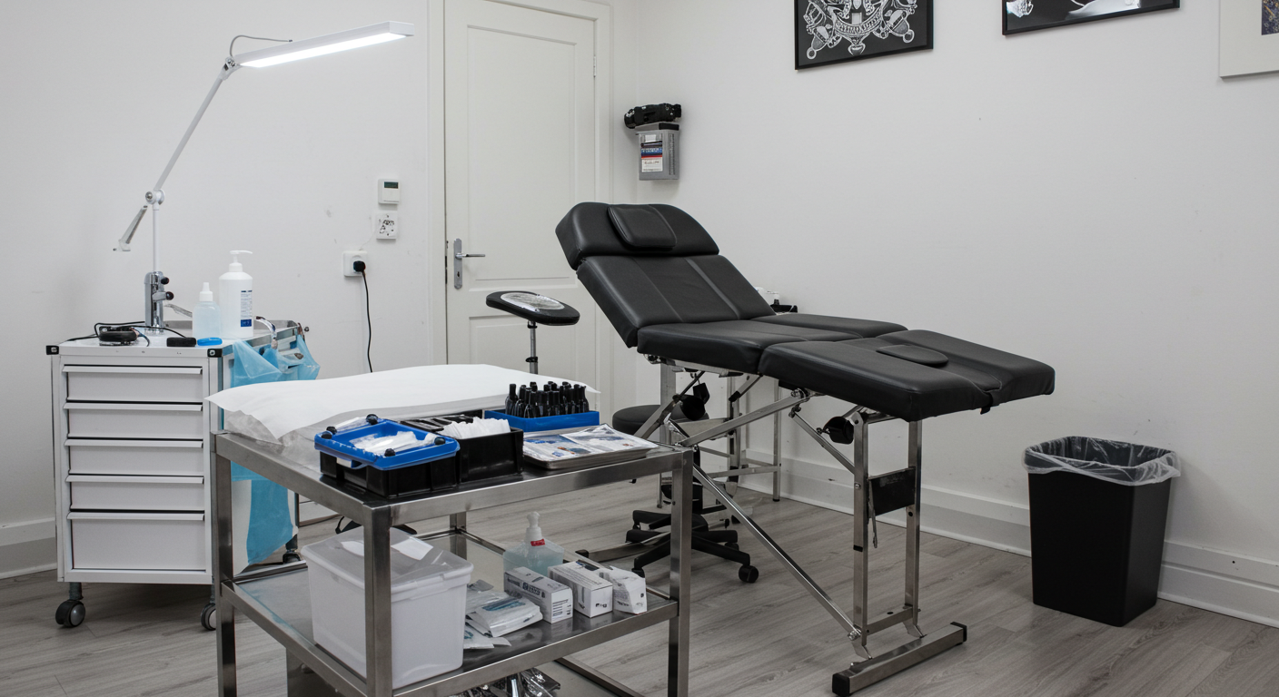 Home studio de tatuagem profissional e organizado, seguindo as regras da ANVISA, com maca, bancada de aço e pia exclusiva.