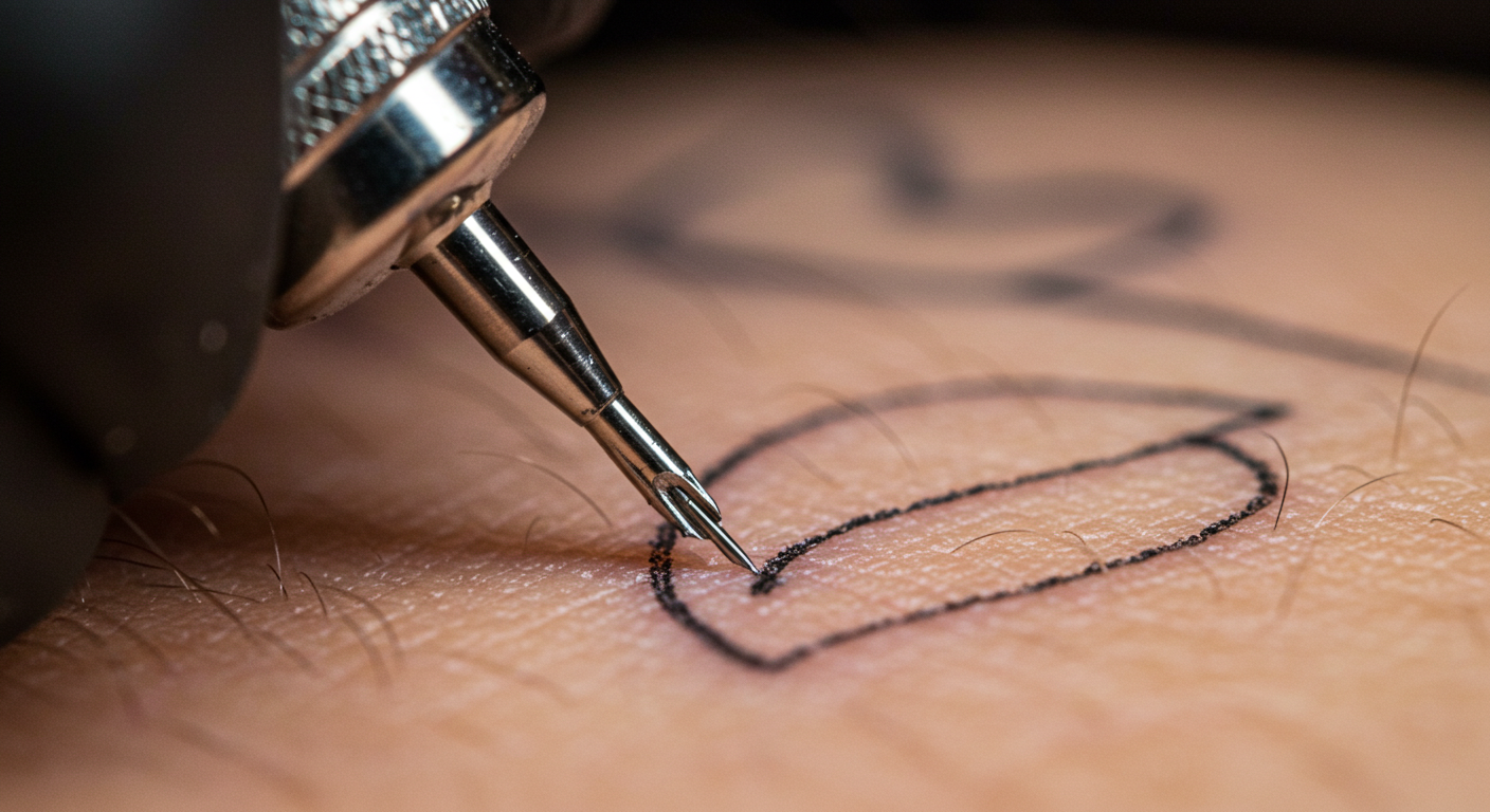 Close-up extremo de uma agulha de tatuagem criando um traço fino e perfeito, ilustrando a técnica da tatuagem fine line.