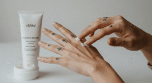 Pessoa aplicando creme hidratante nas mãos para manter a tatuagem no dedo com traços nítidos e bem cuidados.