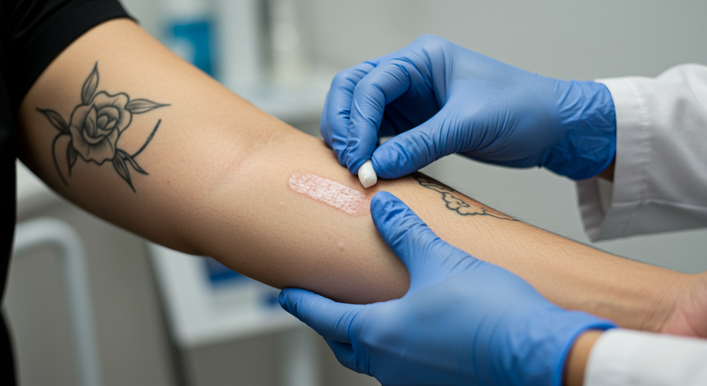 Dermatologista examinando a pele de um paciente com psoríase e uma tatuagem cicatrizada, avaliando os riscos.