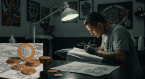 Tatuador trabalhando em seu estúdio com foco e dedicação, ilustrando a realidade sobre quanto ganha um tatuador no Brasil.