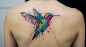 Tatuagem colorida no estilo aquarela de um beija-flor, demonstrando a fluidez da técnica de tatuagem watercolor.