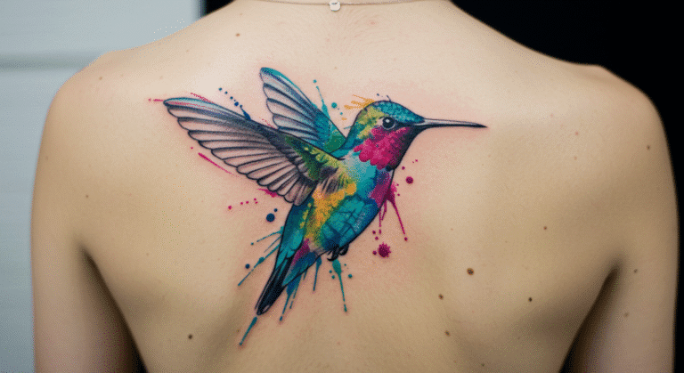 Tatuagem colorida no estilo aquarela de um beija-flor, demonstrando a fluidez da técnica de tatuagem watercolor.