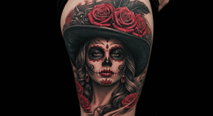 Tatuagem colorida e realista de uma Catrina no estilo mexicano, simbolizando o significado de celebração da vida.