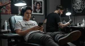 Pessoa se sentindo calma e preparada em um estúdio, pronta para sua primeira sessão de tatuagem, após seguir um guia de preparo.