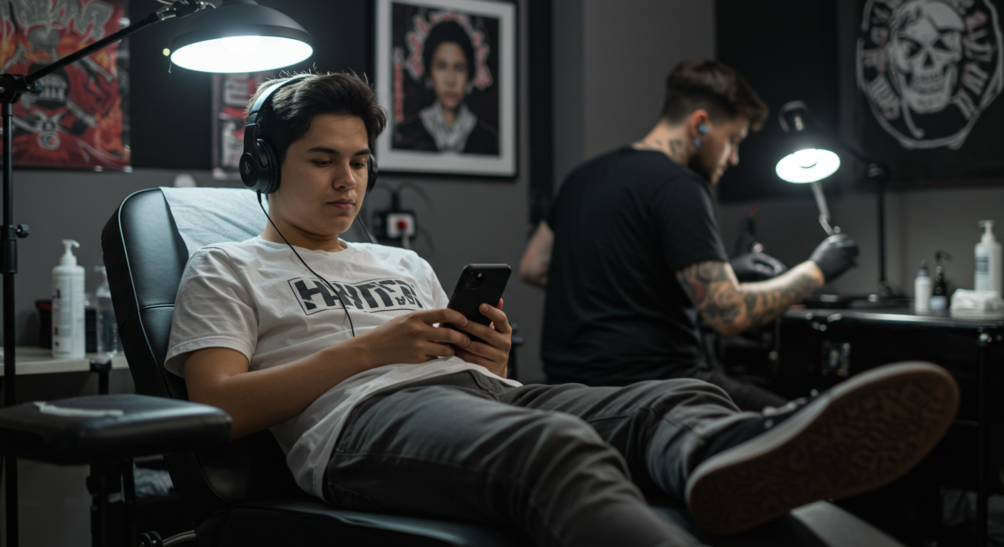 Pessoa se sentindo calma e preparada em um estúdio, pronta para sua primeira sessão de tatuagem, após seguir um guia de preparo.