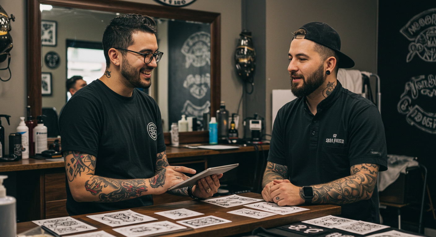 Tatuador mostrando seu portfólio para dono de barbearia, como exemplo de parceria local para divulgar seu trabalho.