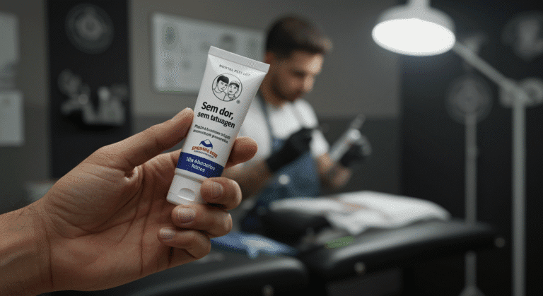 Pessoa segurando um tubo de anestésico para tatuagem, com expressão pensativa sobre os riscos e benefícios do produto.