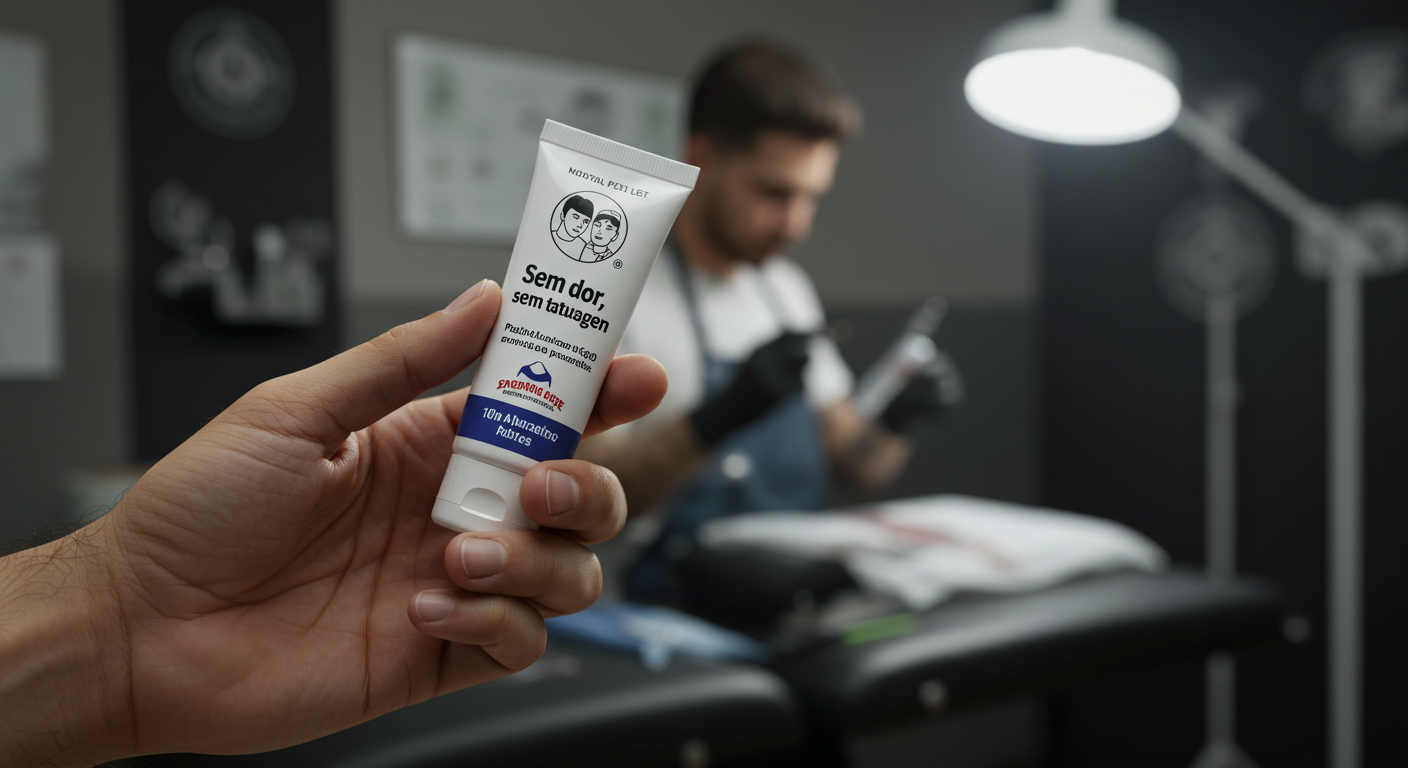 Pessoa segurando um tubo de anestésico para tatuagem, com expressão pensativa sobre os riscos e benefícios do produto.