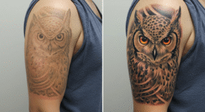 Antes e depois de uma tatuagem de cover-up bem-sucedida, mostrando como cobrir uma tatuagem tribal antiga com uma nova de coruja.