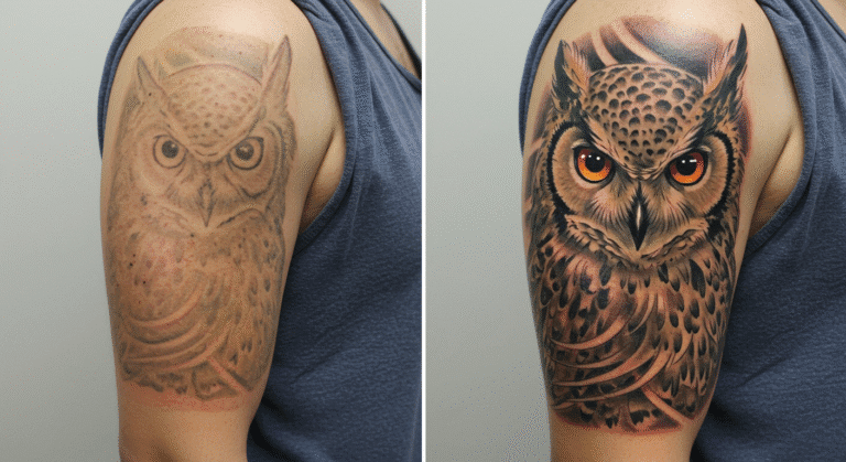 Antes e depois de uma tatuagem de cover-up bem-sucedida, mostrando como cobrir uma tatuagem tribal antiga com uma nova de coruja.