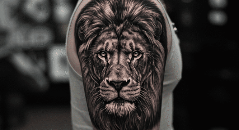 Tatuagem realista de um leão em preto e cinza no ombro, simbolizando o significado de força, coragem e liderança.
