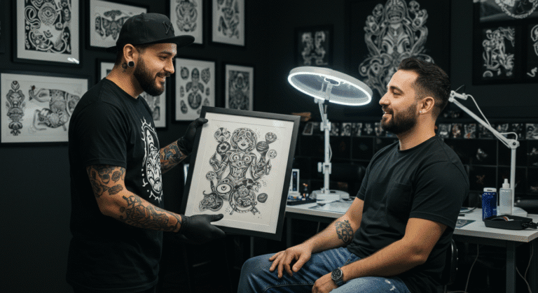 Tatuador apresentando um desenho exclusivo para um cliente, demonstrando a valorização da tatuagem pela arte e experiência.