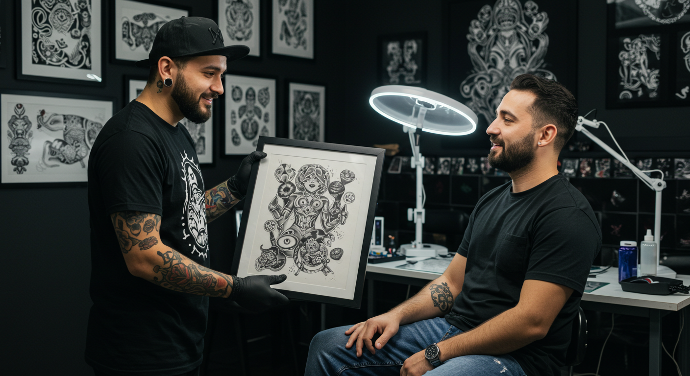 Tatuador apresentando um desenho exclusivo para um cliente, demonstrando a valorização da tatuagem pela arte e experiência.