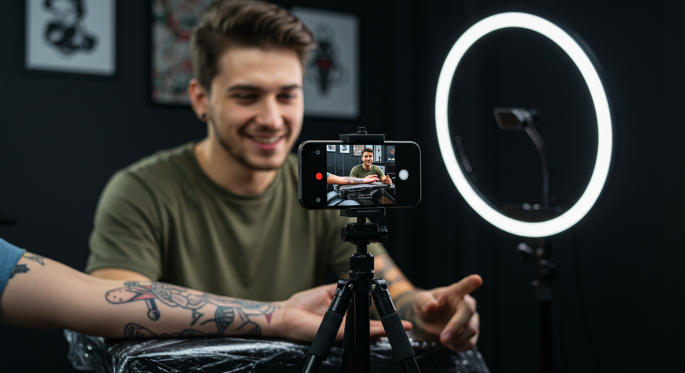 Tatuador gravando um vídeo de uma tatuagem recém-feita com seu celular, como parte de sua estratégia de marketing.