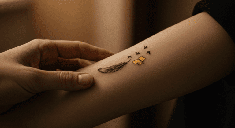 Close-up de uma tatuagem emocional significativa na pele de uma pessoa, que toca a arte com expressão de carinho e lembrança.