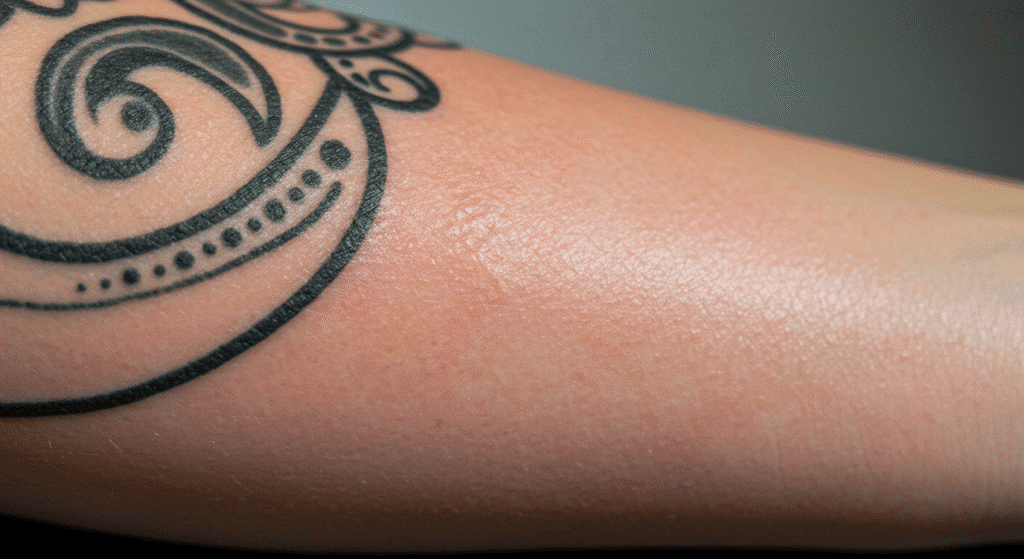 Close-up de uma tatuagem inflamada no braço, com vermelhidão, inchaço e sinais de infecção, mostrando o que fazer em casos assim.