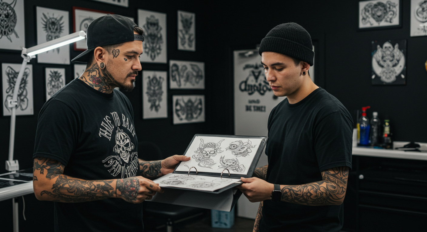 Tatuador aprendiz mostrando seu portfólio de desenhos para um mentor em um estúdio profissional, buscando uma oportunidade para começar.