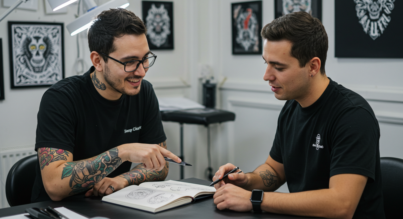 Tatuador e cliente conversando de forma colaborativa para negociar o preço de uma tatuagem ajustando o projeto.