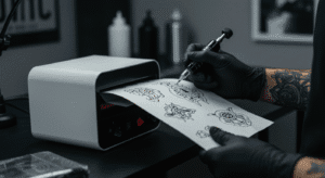 Tatuador usando uma impressora térmica para tatuagem para criar um decalque perfeito de forma rápida e profissional.