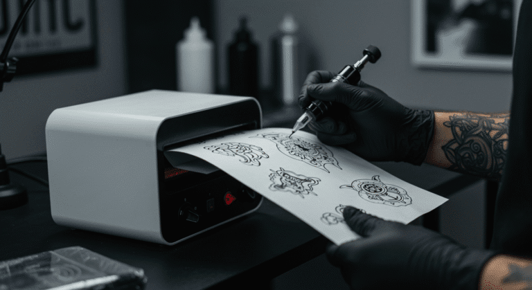Tatuador usando uma impressora térmica para tatuagem para criar um decalque perfeito de forma rápida e profissional.