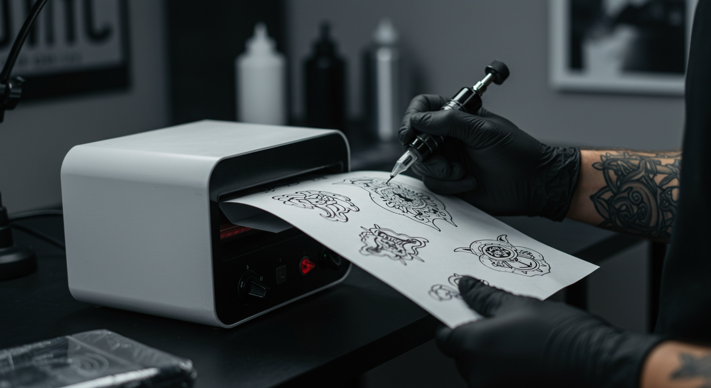 Tatuador usando uma impressora térmica para tatuagem para criar um decalque perfeito de forma rápida e profissional.