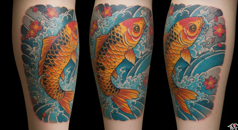 Tatuagem de carpa koi colorida no estilo oriental, nadando para cima em uma cachoeira, representando o significado de superação.