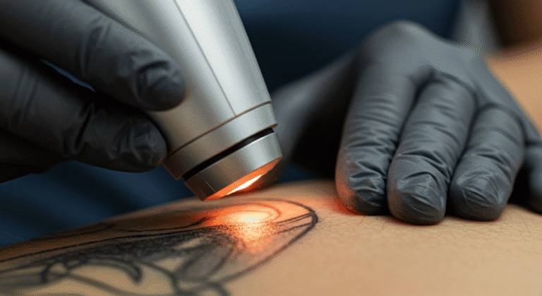 Ponteira de um aparelho de remoção de tatuagem a laser em ação sobre a pele, fragmentando a tinta preta.