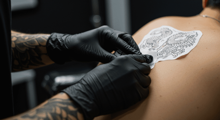 Tatuador aplicando um decalque de tatuagem de dragão nas costas de um cliente, usando o melhor produto para um transfer perfeito.