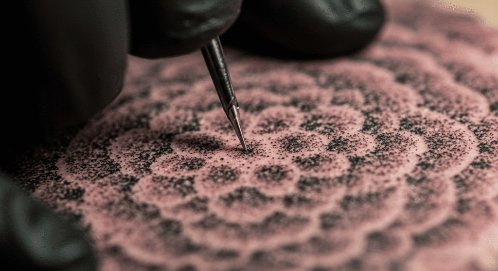 Close-up extremo de uma tatuagem de pontilhismo sendo feita, mostrando a agulha criando um ponto para formar uma mandala.