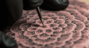 Close-up extremo de uma tatuagem de pontilhismo sendo feita, mostrando a agulha criando um ponto para formar uma mandala.