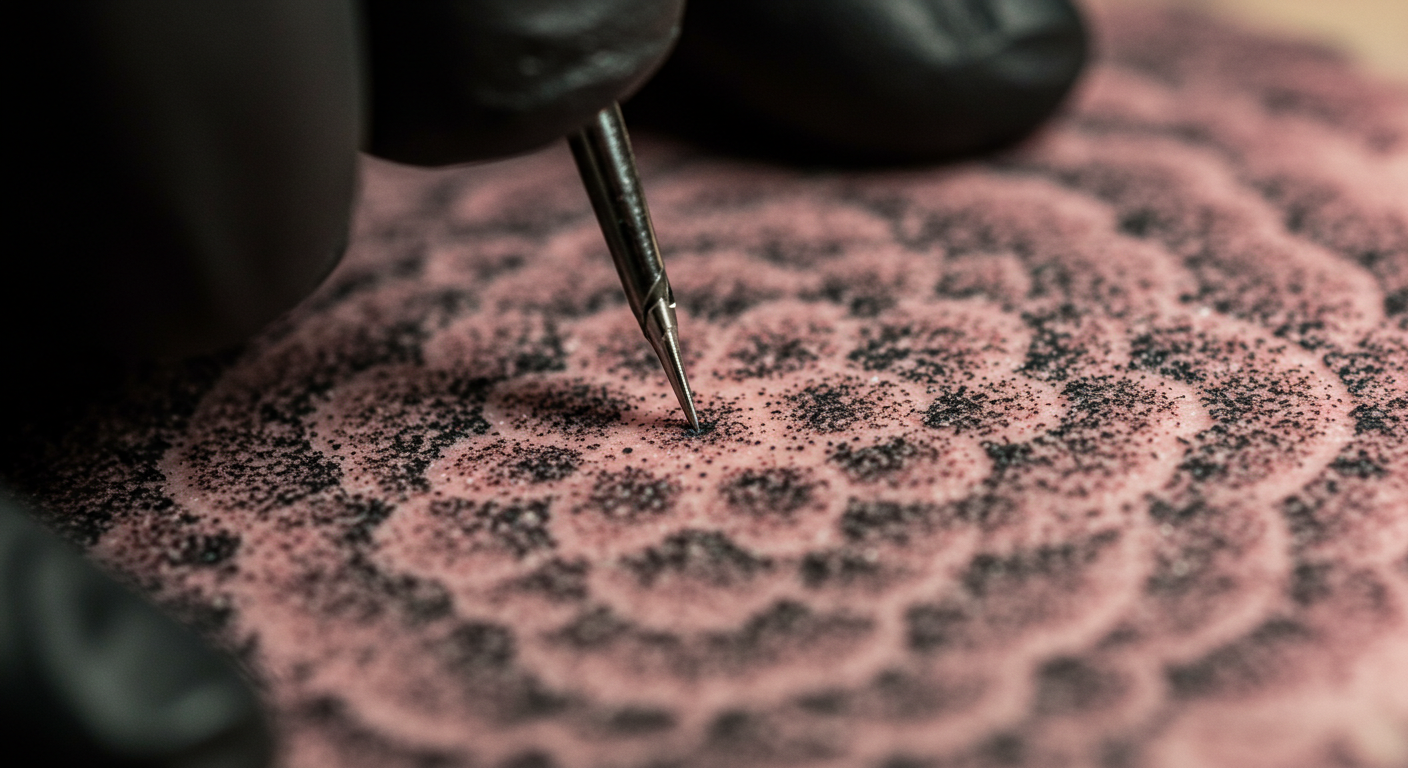 Close-up extremo de uma tatuagem de pontilhismo sendo feita, mostrando a agulha criando um ponto para formar uma mandala.