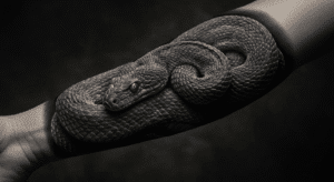 Tatuagem realista de uma serpente em preto e cinza enrolada no antebraço, simbolizando seu significado de renovação e sabedoria.