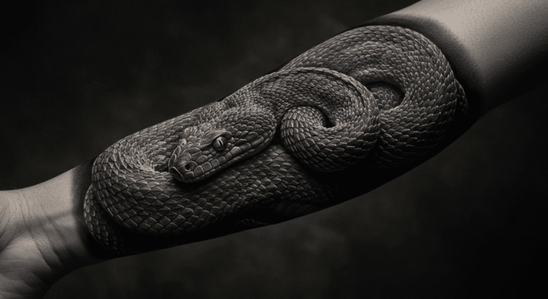 Tatuagem realista de uma serpente em preto e cinza enrolada no antebraço, simbolizando seu significado de renovação e sabedoria.