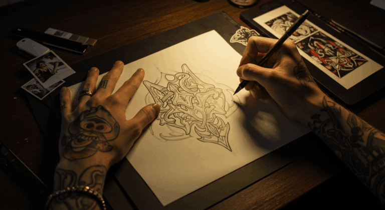 Mãos de tatuador desenhando um projeto de tatuagem exclusivo e personalizado para um cliente, mostrando o processo criativo do rascunho à arte final.
