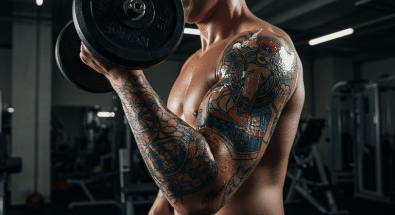 Pessoa levantando peso na academia com uma tatuagem nova no braço devidamente protegida, ilustrando como treinar depois de fazer tatuagem com segurança.