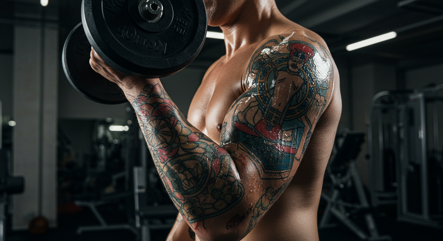 Pessoa levantando peso na academia com uma tatuagem nova no braço devidamente protegida, ilustrando como treinar depois de fazer tatuagem com segurança.