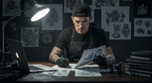 Tatuador profissional analisando planilhas financeiras em seu notebook para calcular quanto ganha como artista.