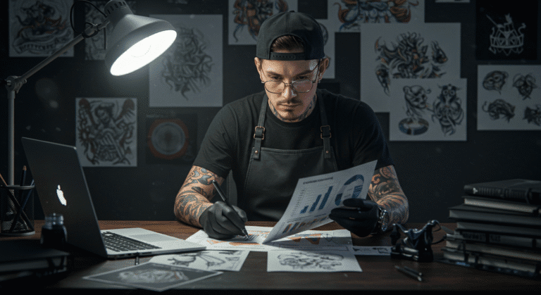 Tatuador profissional analisando planilhas financeiras em seu notebook para calcular quanto ganha como artista.