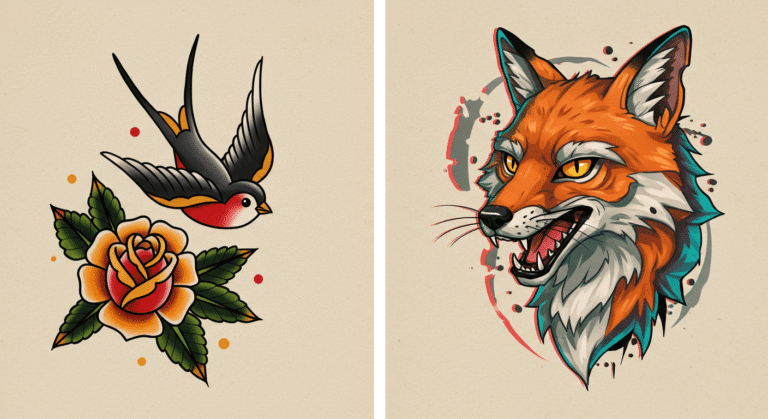 Comparativo mostrando a diferença entre uma tatuagem Old School de andorinha e uma New School de raposa.