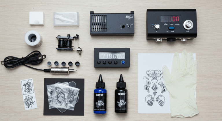 Kit de tatuagem para iniciante com máquina, fonte, cartuchos e materiais de biossegurança organizados em uma mesa.